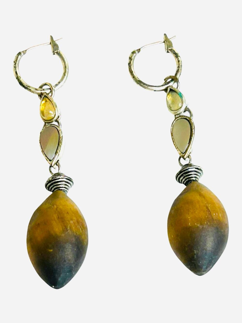 Mother of Pearl Tigers Eye Drop Dangle Earrings on Gold Tone Huggie Hoops VTG